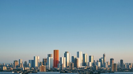 Obraz premium Aerial view of a dense high-rise skyline in Mumbai, featuring warm sunrise light over concrete and glass towers for finance and development campaigns