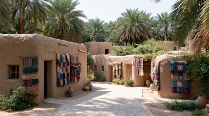 Obraz premium Traditional mud brick village with woven textiles displayed under palm trees during daylight