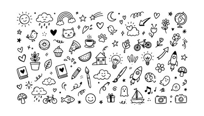 Fototapeta premium Hand Drawn Cute Doodle Icon Set Collection with Nature Food Animals and Travel Elements on White Background