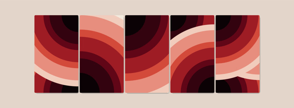 Set of abstract vertical banners with circular geometric patterns in red and burgundy tones for social media