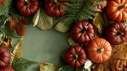 Fototapeta premium Olive green board with a border of maroon pumpkins and autumn leaves, featuring a moody, cozy atmosphere and copy space for holiday cards