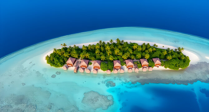 Aerial view of a tropical island resort with overwater bungalows in the Maldives