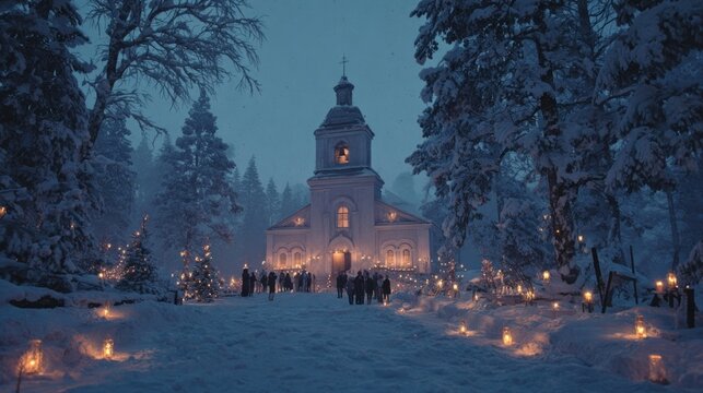 majestic snow-covered church at dusk, bells ringing, people holding candles,