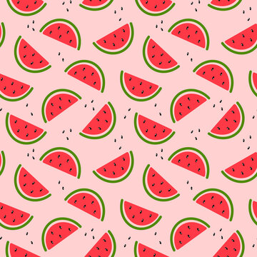 Seamless paper pattern with hand-drawn red watermelon slices with seeds on a pink background