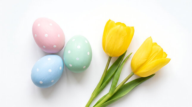 Spring easter festival background with pastel eggs and yellow tulips