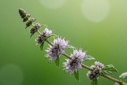 Peppermint plant stem with soft pink blossoms and green leaves. Macro shot shows fragrant herb detail against blurred soft green background. Useful for natural remedies, cuisine, or spa themes.