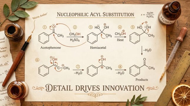 Chemistry Education: Nucleophilic Acyl Substitution Reaction Mechanism on Vintage Paper with Scientific Instruments