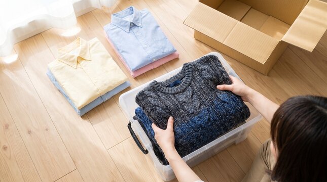 Woman folding and placing a dark grey knitted sweater into a clear plastic storage box at home