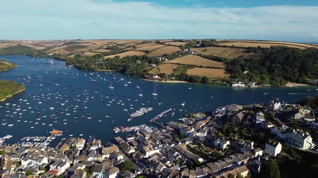 South Devon coastal town Salcombe - drone view of coastline and harbour with boats in summer 