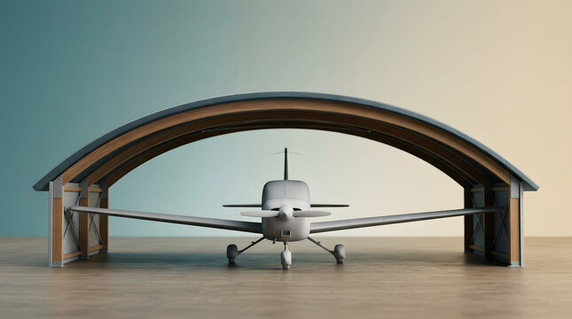Airplane, small plane and hangar with curved roof for aircraft storage, aviation maintenance and private travel. Propeller, shed and logistics with transport, flight and garage for hobby flight