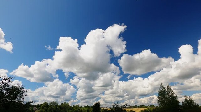 Summer Sky Background With Large White Clouds Forming and Moving Over a Low Distant Horizon, Sunny Timelapse