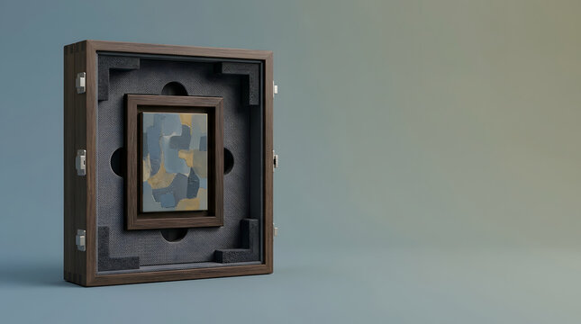 Art shipping crate, wooden box and painting for secure transport, logistics and premium collection storage. Museum, handling and protection with foam, high value item and courier for gallery. Trade