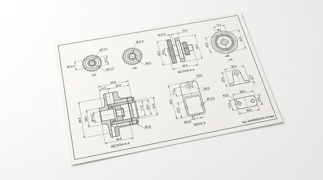 Technical mechanical engineering drawing showing various gear components and metal parts on white paper with displays detailed mechanical dimensions cross sections