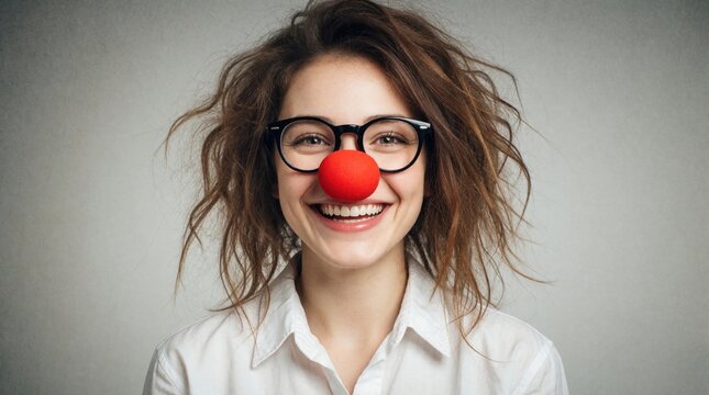 Young woman wears red clown nose and glasses. She laughs happily, with messy hair and white shirt. Joyful face expresses fun and amusement. Studio portrait of a silly person.
