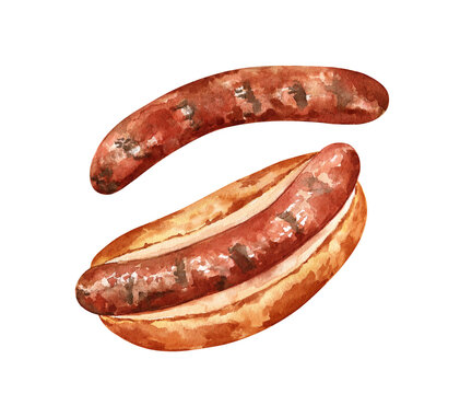 Watercolor illustration of the tasty grilled sausages isolated on transparent background. Delicious traditional snack for cozy season. For books, art prints, funny postcards