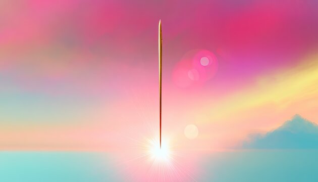 A singular golden needle stands vertically against a vibrant pink sunset horizon