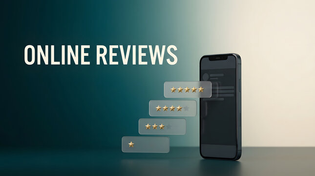 Online reviews, smartphone and five stars for customer satisfaction, feedback and business reputation. Marketing, digital and mobile app with rating, ranking and quality service for brand trust
