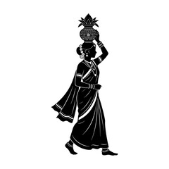 Fototapeta premium Traditional Indian woman silhouette wearing a sari and jewelry carrying a sacred Kalash pot for a religious ceremony