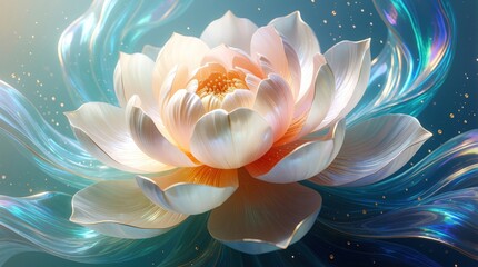 Obraz premium Elegant lotus flower with layered petals unfolds. Swirling, iridescent liquid ribbons drift around bloom. Golden specks float in soft blue background. Serene beauty.