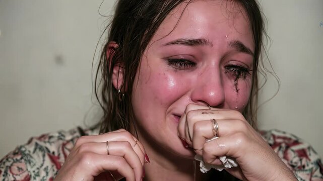Distraught young woman crying with smeared mascara and wet face. Close-up shot with panning camera movement.