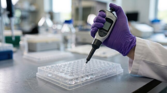 Scientist using a digital pipette and microplate in laboratory
