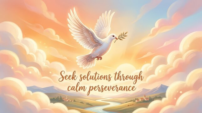 A white dove with a green sprig in its beak flies across a sky filled with soft clouds and a sunlit landscape below, symbolizing peace and hope.