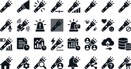 Fototapeta premium Flashlight Torch and Emergency Siren Icon Set with Light Beam Adjustment Battery Levels Document History Data Upload and Mobile Application Interface UI Flat Silhouette Symbols