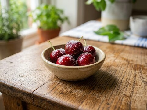 Fresh cherries in a rustic bowl , Harvest picking season, Fresh healthy fruits.