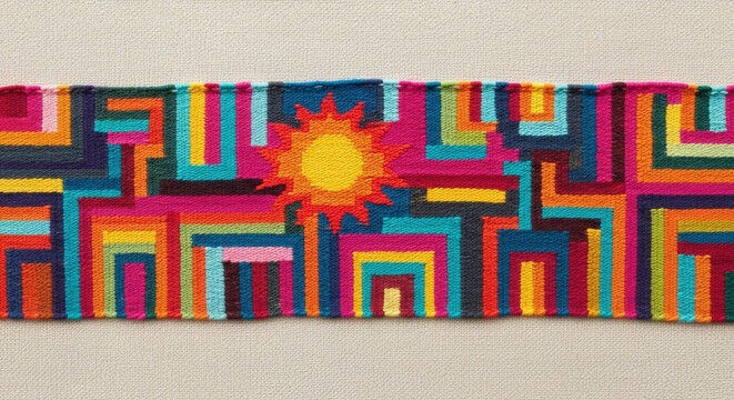 A vibrant handmade woven textile features an intricate geometric pattern displaying bright rainbow colors across the surface while a glowing yellow sun motif rests proudly in the absolute center
