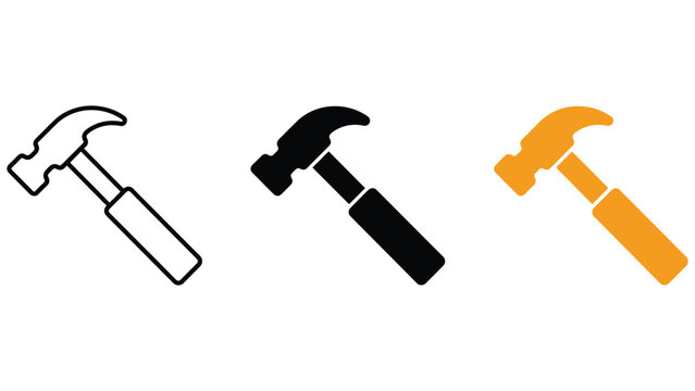 Three variations of a hammer including a black outline, a solid black silhouette, and a solid orange silhouette on white background