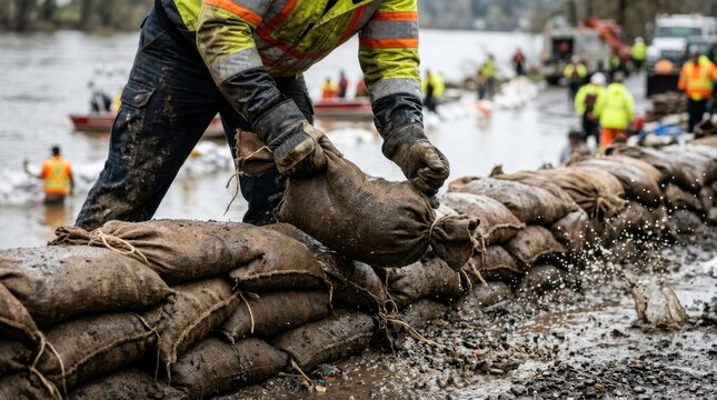 Workers placing sandbags to prevent flooding from river disaster