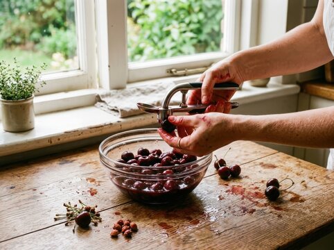 Hands pitting fresh cherries on wooden table , Harvest picking season, Fresh healthy fruits.