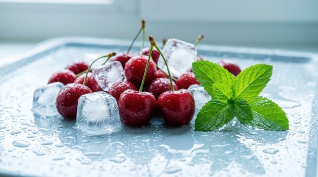 Fresh cherries with mint and ice cubes , Harvest picking season, Fresh healthy fruits.