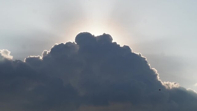 Dark rain clouds glowing behind bright sunlight