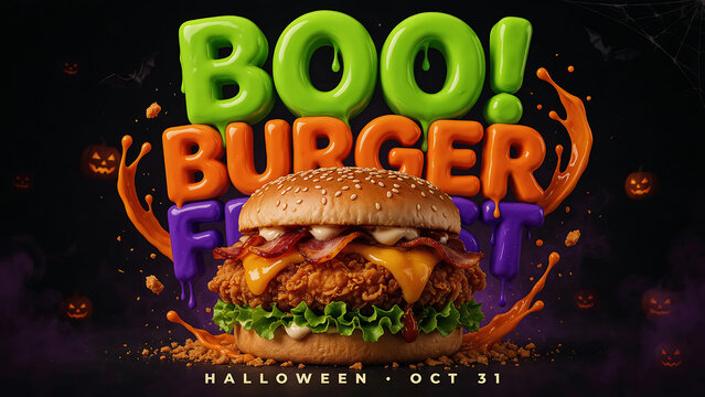 A festive halloween themed burger advertisement featuring a delicious cheeseburger with vibrant green orange and purple text against a dark spooky background for promotion