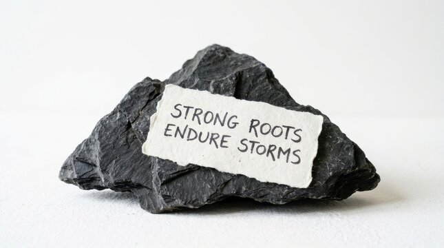 Inspirational message on rock reads strong roots endure storms