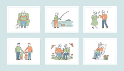Fototapeta premium Collage of six lovely cartoon scenes depicting active seniors enjoying hobbies like fishing, dancing, and gardening.