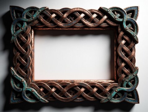 Ornate celtic knot border made of aged copper metal with green patina. Decorative frame features intricate braided pattern and symmetrical design for photos or art.
