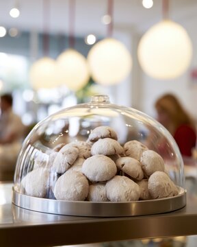 Pecan sandies cookies showcased under a glass dome