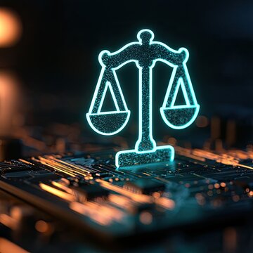 Glowing digital scales of justice hover over a circuit board, symbolizing digital law