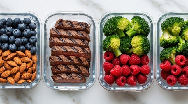 Healthy meal prep in glass containers on marble surface. Nutritious lunch boxes with grilled beef steak, broccoli, raspberries, blueberries, almonds. Balanced diet food ready for weekly calorie