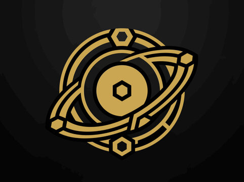 Abstract Geometric Atom Orbit Symbol In Gold And Black Design