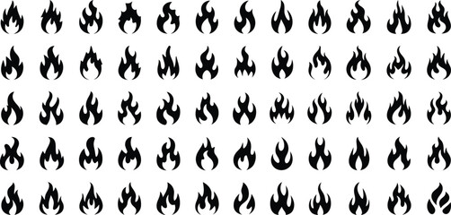 Obraz premium A large collection of various fire flame featuring diverse shapes and sizes of black silhouettes, isolated on a white background, set