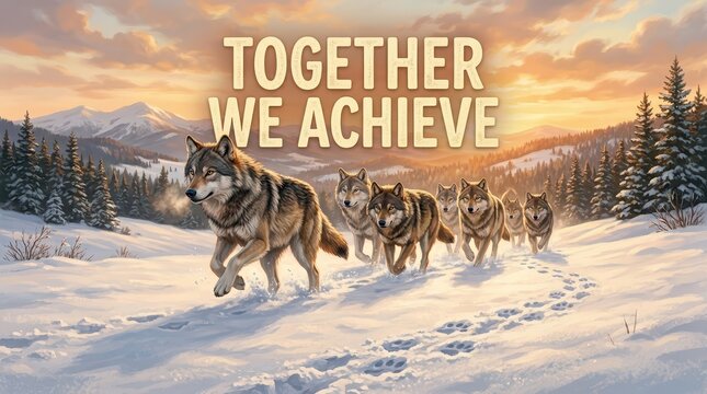 A wolf pack journeys together through a snowy mountain landscape at sunset, symbolizing teamwork and achievement.