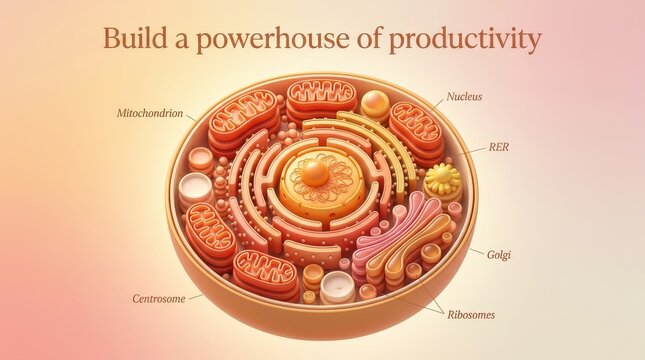 Detailed 3D illustration of an animal cell model highlighting nucleus, mitochondria, ribosomes, golgi apparatus, and RER for educational science conce