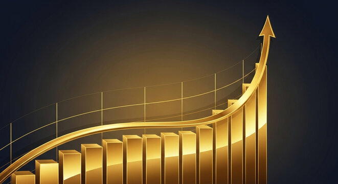 A magnificent financial graph with shining golden columns rises upward steadily, portraying exceptional wealth accumulation and massive corporate profitability during fiscal market trading
