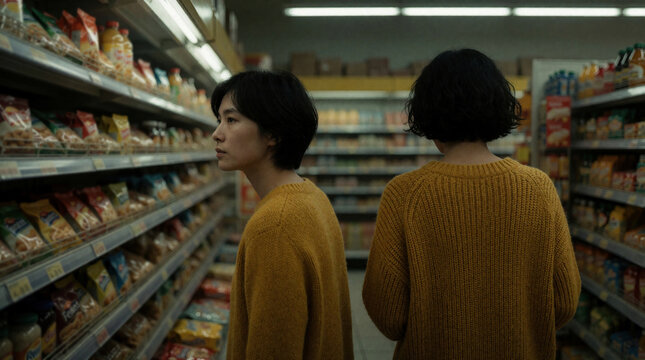 Woman in yellow sweater shops in grocery store aisle. She looks thoughtfully at products on shelves in dim lighting. Another person with similar sweater stands with back turned.