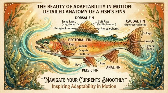 Detailed Anatomy of a Fish's Fins: Illustration of Adaptability in Motion with Educational Labels