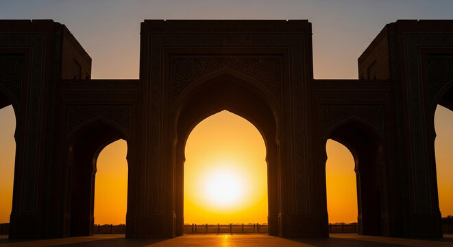 Majestic historical stone archways frame a glowing golden sun during a breathtaking sunset in an ancient oriental city, creating a serene and unforgettable visual journey across time