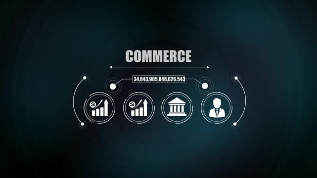 Global commerce trade financial market concept animation, modern business growth strategy background with digital banking icons for stock.